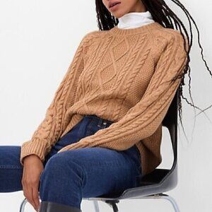 GAP Cable Knit Crewneck Sweater Solid Tan Brown Chunky Knit 100% Cotton Pullover